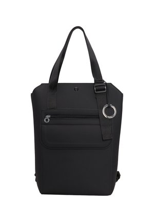 Sac fourre-tout noir avec une forme structurée, doté d'une poche avant zippée, d'une sangle ajustable et d'un accent en anneau sur le côté. Fabriqué à partir de matériaux durables.
