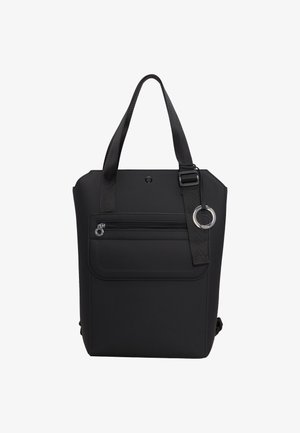 Borsa tote nera con una forma strutturata, caratterizzata da una tasca frontale con zip, tracolla regolabile e un accento a forma di anello sul lato. Realizzata in materiale durevole.