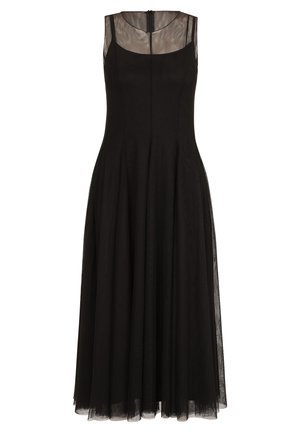Schwarzes ärmelloses Kleid mit transparenter Bluse, tailliertem Schnitt und fließendem Rock. Reißverschluss im Rücken, strukturierter Stoff.