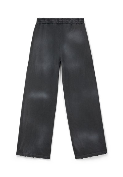 Pantalon noir à jambes larges avec taille élastique et détails d'ourlet brut, confectionné dans un tissu lisse.