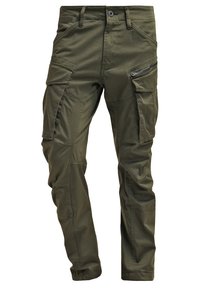 Olivově zelené cargo kalhoty vyrobené z odolné látky; obsahují více kapes, zipové detaily a zesílené švy. Design s rovnými nohavicemi.