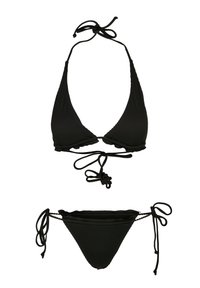 Bikini noir à côtes avec un haut en triangle à bords festonnés et liens, assorti d'un bas doté de liens latéraux ajustables.