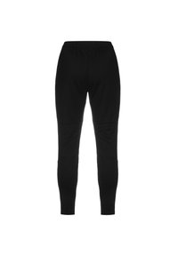 Leggings neri realizzati in tessuto elasticizzato, con una cintura elastica e un design aderente con dettagli delle cuciture lungo le gambe.