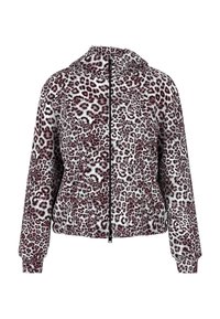 Kapuzensweatshirt mit Leopardenmuster aus weichem Stoff, mit Kapuze, Fronttaschen und gerippten Bündchen. Farben: Pink, Schwarz und Weiß.