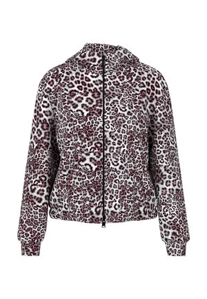 Kapuzensweatshirt mit Leopardenmuster aus weichem Stoff, mit Kapuze, Fronttaschen und gerippten Bündchen. Farben: Pink, Schwarz und Weiß.