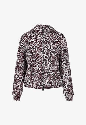 Kapuzensweatshirt mit Leopardenmuster aus weichem Stoff, mit Kapuze, Fronttaschen und gerippten Bündchen. Farben: Pink, Schwarz und Weiß.