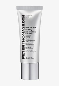 Tubetto argentato con dispenser a pompa, etichettato "Peter Thomas Roth Instant Firm X No-Filter Primer", 30 ml, progettato per tutti i tipi di pelle.