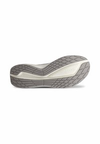 Weiße Schuhsohle mit einem strukturierten grauen Gummiunterteil. Verfügt über ein einzigartiges Muster für besseren Halt und das Markenlogo an der Seite.