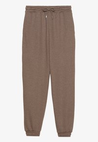 Pantalons de jogging marron en matériau doux, dotés d'une taille élastique avec cordon de serrage et de bords côtes aux chevilles.