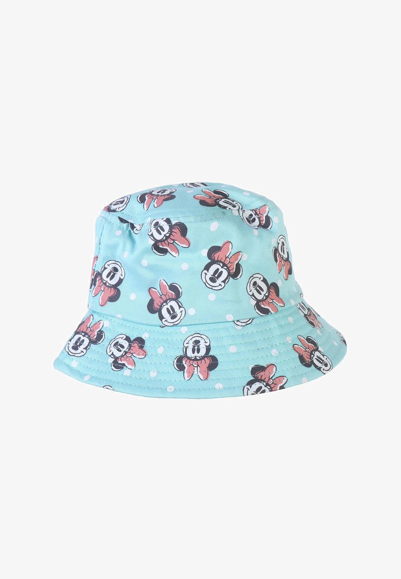 Blue bucket hat with a repeated Minnie Mouse pattern and pink polka dots. Made of soft fabric, features a wide, downward-sloping brim.