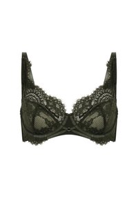 Soutien-gorge en dentelle vert foncé avec armatures, motif floral, bords festonnés, bretelles réglables et un petit détail en métal central.
