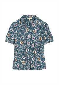 Blusa in teal a maniche corte con bottoni, arricchita da un motivo floreale che presenta fiori arancioni, rosa e bianchi su un tessuto testurizzato.