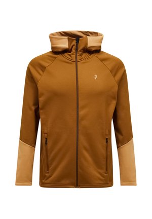 Schokoladenbrauner sportlicher Hoodie mit Reißverschluss, der ein zweifarbige Design, eine glatte Textur, zwei Seitentaschen und eine eng anliegende Kapuze aufweist.