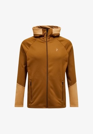 Schokoladenbrauner sportlicher Hoodie mit Reißverschluss, der ein zweifarbige Design, eine glatte Textur, zwei Seitentaschen und eine eng anliegende Kapuze aufweist.