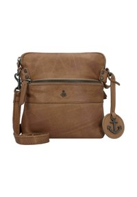 Borsa a tracolla in pelle marrone con superficie testurizzata, compartimento principale con zip, tasca frontale e un'etichetta circolare con un'ancora.