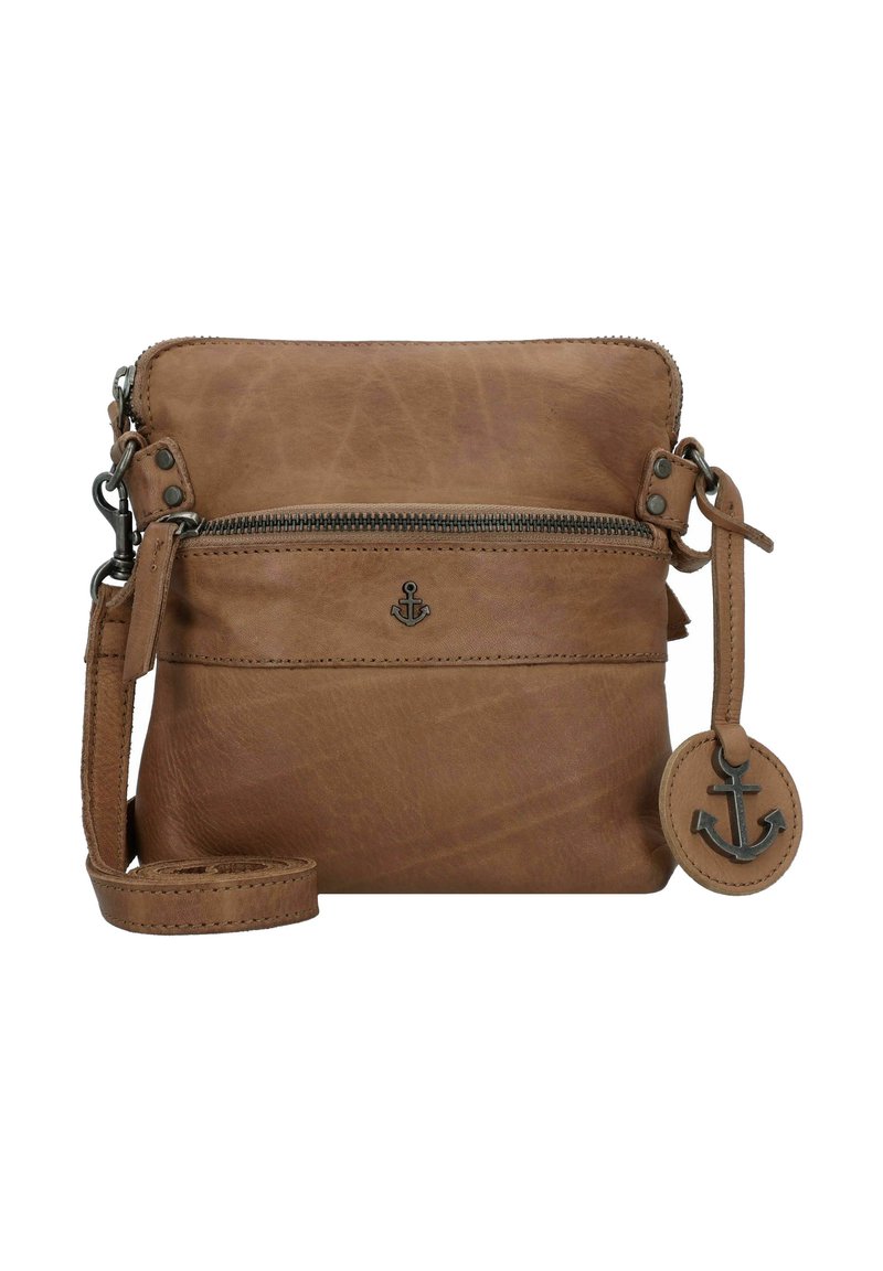 Borsa a tracolla in pelle marrone con superficie testurizzata, compartimento principale con zip, tasca frontale e un'etichetta circolare con un'ancora.