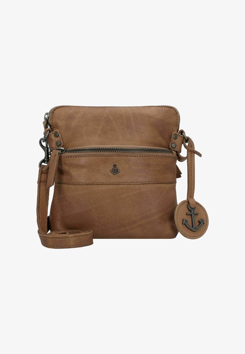 Borsa a tracolla in pelle marrone con superficie testurizzata, compartimento principale con zip, tasca frontale e un'etichetta circolare con un'ancora.