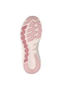 Zool van schoenen met een witte basis en roze accenten. Beschikt over een gestructureerd patroon met inkepingen en verhoogde secties voor grip.