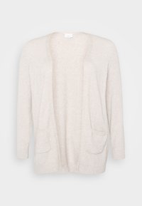 Světlý béžový kardigan z měkkého materiálu, s otevřeným předním dílem, dlouhými rukávy a dvěma předními kapsami s žebrovanými detaily.