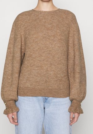 Maglione marrone lavorato a maglia con scollatura rotonda, maniche a palloncino e polsini arricciati con dettagli di bottoni dorati. Materiale testurizzato.