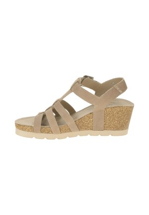 Beige wedge sandal with cork sole, adjustable ankle strap, and multiple front straps for support and style.
