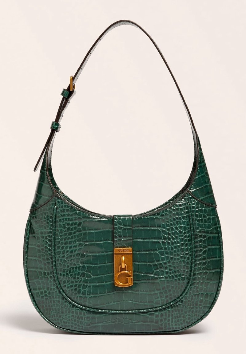 Sac à épaule vert foncé effet crocodile avec fermoir doré portant un "G" et sangle réglable avec boucle.