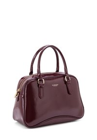 Borsa lucida di un intenso bordeaux scuro con doppi manici, cerniera dorata e logo "DIANA&CO FIRENZE" sul fronte.