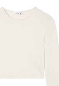 Top bianco a maniche lunghe e cropped realizzato in un tessuto morbido e elastico. Presenta un collo rotondo e cuciture minime lungo i bordi.