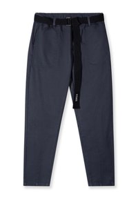 Pantaloni blu navy con vita elastica e cintura regolabile in tessuto; presentano due tasche frontali e gambe affusolate. Texture liscia.
