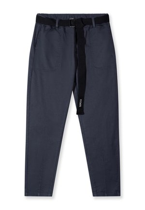 Pantaloni blu navy con vita elastica e cintura regolabile in tessuto; presentano due tasche frontali e gambe affusolate. Texture liscia.
