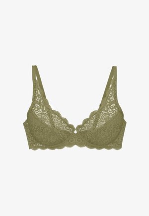 Olive green lace bra with underwire, floral patterns, scalloped edges, and adjustable shoulder straps.