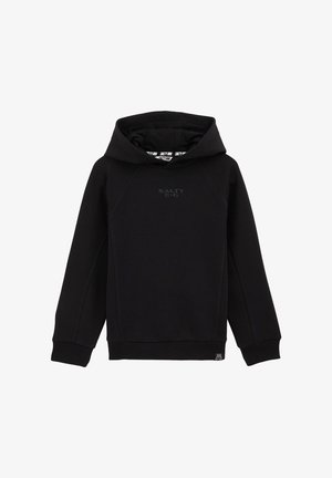 Sudadera negra con bolsillo frontal, mangas en raglán, capucha con cordón y un logo sutil en el pecho. Fabricada con una tela suave y puños acanalados.