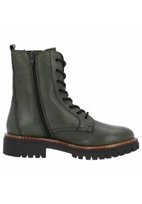 Green leather ankle boot with a textured surface, lace-up front, side zipper, and a rugged black sole with a contrasting brown trim.