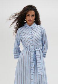 Light blue button-up dress with brown vertical stripes, a belted waist, and a collar. Features three-quarter sleeves and a smooth fabric texture.