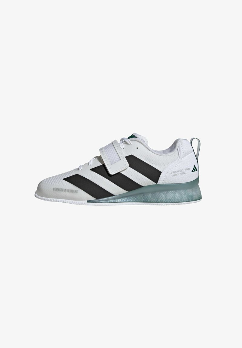 White athletic shoes with black stripes, mesh upper, and a textured sole. Features a Velcro strap and a translucent green heel.