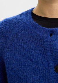 Cárdigan de punto azul con un acabado texturizado, cuello acanalado y detalle de botones negros. Las suaves fibras visibles aumentan la calidad táctil.