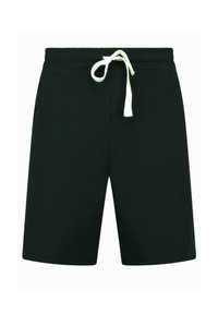 Zwarte shorts van textuurstof met een elastische tailleband en witte trekkoord. Rechte snit, knielang zonder patronen of accenten.