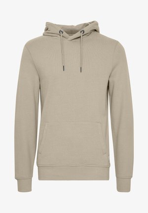 Hellbeige Kapuzenpullover aus weichem Stoff, ausgestattet mit einer Kängurutasche, Kordelzügen sowie gerippten Bündchen und Saum. Einfaches, funktionales Design.