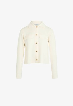 Cardigan cropped color crema realizzato in tessuto testurizzato, con colletto, maniche lunghe e chiusura con bottoni dorati, oltre a due tasche sul petto.