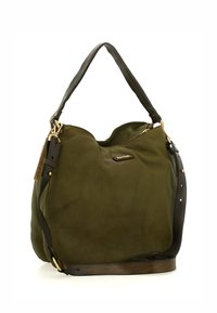 Borsa a tracolla in pelle verde con un design morbido, caratterizzata da dettagli in metallo dorato e una tracolla marrone staccabile. Chiusura con zip nella parte superiore.
