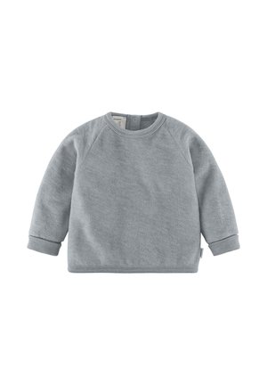 Soft light gray long-sleeve toddler sweatshirt with ribbed cuffs and crew neck, featuring a snap button closure at the back.