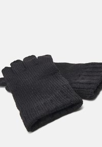 Black knit fingerless gloves with ribbed texture. Open tips allow for finger movement. Soft and warm material suitable for cooler weather.