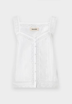 Top branco sem mangas com detalhes em renda, pregas verticais e fecho de botão na parte da frente. Apresenta um decote em renda com bordas onduladas e alças.