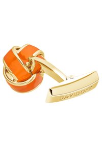 Goldfarbene Manschettenknöpfe mit einem orangen emaillierten Knotendesign. Verfügt über eine elegante, glatte Oberfläche und eine flache, gravierte Basis.