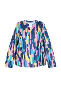 Blusa a maniche lunghe in blu, giallo, rosa e nero con motivo astratto; tessuto leggero; presenta una scollatura a V e una vestibilità comoda.