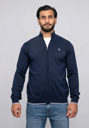 Homme barbu portant un pull zippé bleu marine sur une chemise blanche et un jean bleu clair, debout devant un fond gris clair uni.