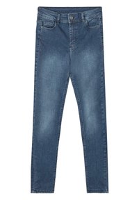 Jeans de mezclilla azul con un corte ajustado, diseño de cinco bolsillos y una cintura de altura media. La tela tiene un sutil desvanecido y una textura suave.
