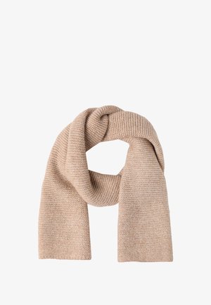 Knit beige scarf with a textured pattern, featuring a soft finish and a rectangular shape, gently folded and draped.