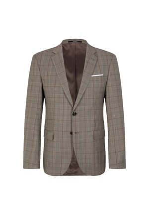 Herenblazer in gestreepte tan stof, met een sluiting met twee knopen, notch revers en een bruin satijnen voering. Bevat twee voorzakken en een borstzak.
