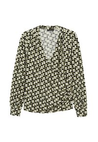 Langärmlige Wickelbluse aus weichem Stoff mit einem geometrischen Muster in Olivgrün, Schwarz und Weiß. V-Ausschnitt mit gerafften Seiten.
